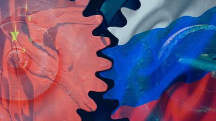 Flag of Russia and China in the gear. Friendship, concept. - obrazy, fototapety, plakaty