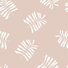 Seamless pattern with leaf twigs. Abstract botanical background in pastel pink and beige color. Scandinavian design in minimal style. Vector illustration.