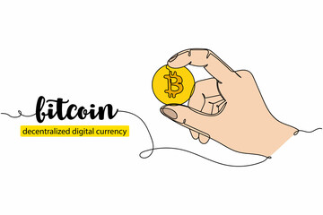 Continuous one simple single line drawing of hand holding bitcoin coin icon in silhouette on a white background. Linear stylized.