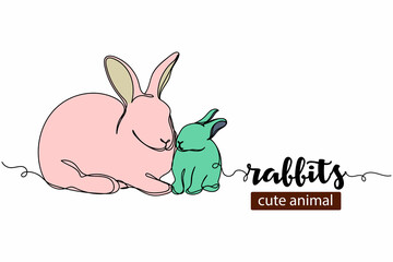 Continuous one simple single line drawing of mother rabbit with baby bunny icon easter symbol 2023 year concept in silhouette on a white background. Linear stylized.