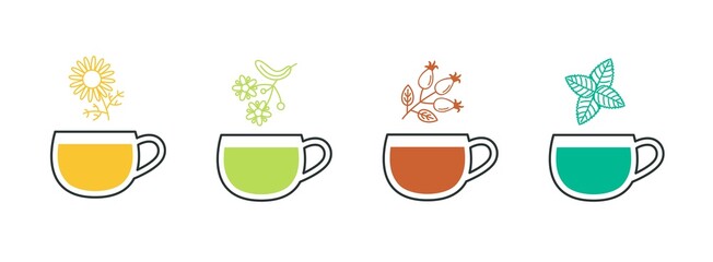 Tea cups icons camomile, linden, mint and rosehip, hot drink. Herbal tea menu, plant and tea mug icons. Simple linear vector illustration as an emblem or logo.