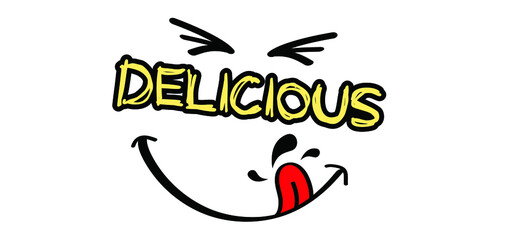 Fototapeta premium Cartoon, comic yummy, delicious or tasty. smile and tongue or lick. Happy world smile day, big smiling. Fun comic thoughts emotion symbol. Vector laugh sign. licking lips icon or pictogram