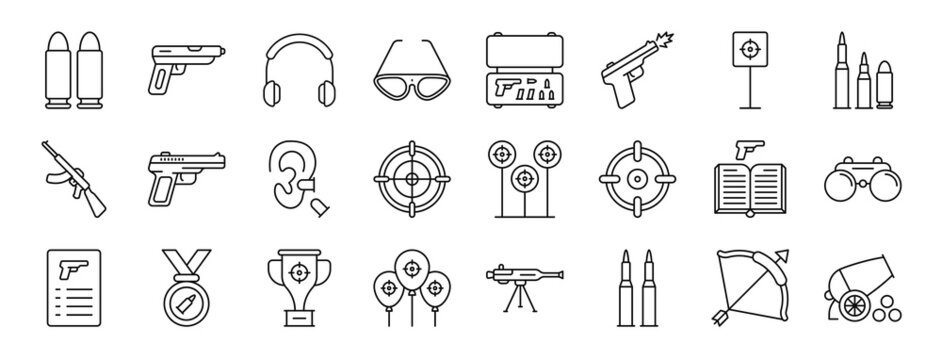 set of 24 outline web shooting icons such as cartridges, gun, ear protector, safety glasses, carrying case, shooting, shooting range vector icons for report, presentation, diagram, web design,