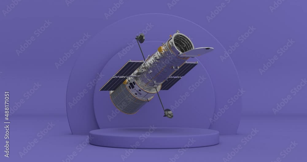 Poster 4k resolution video: space telescope hubble rotating over violet very peri cylinders products stage 
