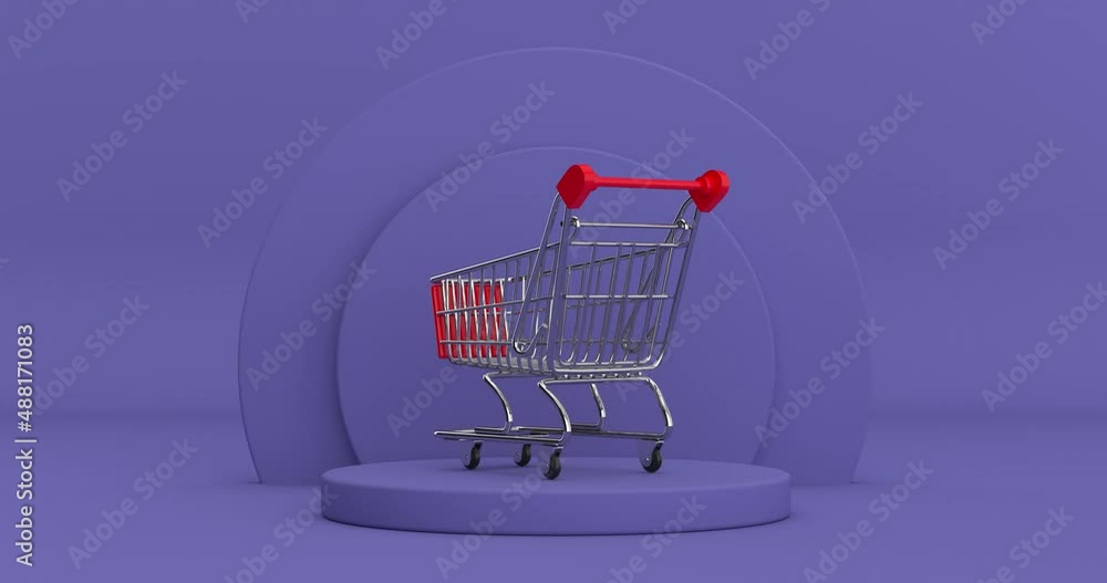 Poster 4k resolution video: shopping trolley cart rotating over violet very peri cylinders products stage p