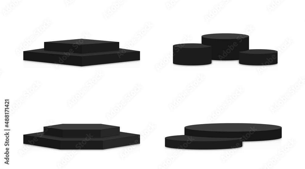 Poster black podium mockup in round and square shapes. collection of pedestal, stage and platform mockups o