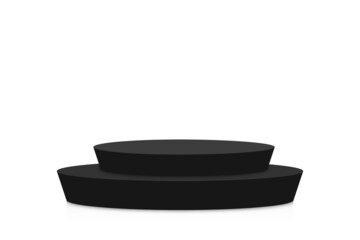 Black podium mockup in circle shape. Empty black stage and pedestal mockup on white background. Round podium, stand and platform for award ceremony and product presentation. Vector