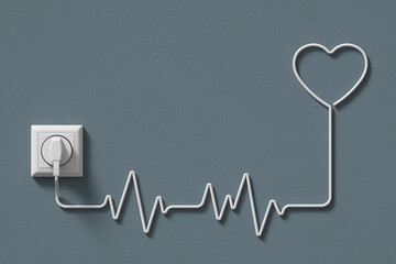 plug socket wire heart symbol rate shape white heartbeat or pulse monitor emergency lifesaving medical on wall grey. electric power technology or energy. Object with clipping path. 3D Illustration.