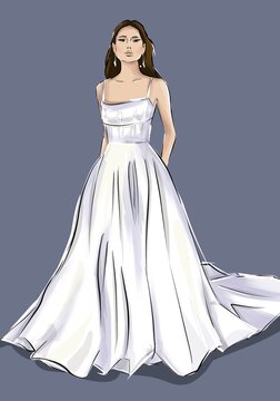 Elegant bride in white wedding dress at the wedding ceremony.
Beautiful, happy, pretty girl. Sexy woman.  Illustration, portrait, beautiful picture. 