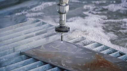 Waterjet metal cutting. Hydroabrasive high pressure CNC machine is working with metal sheet