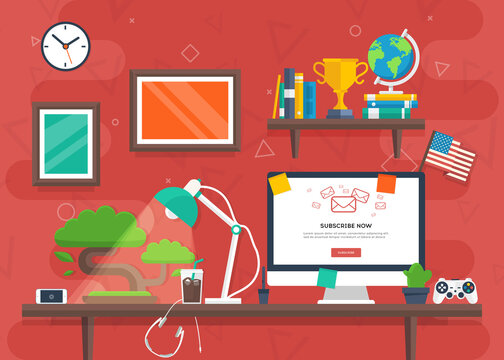 Creative workplace. Modern cartoon office. Home workspace with desk, globe, desktop, bonsai tree, frame, lamp, award, use flag and other elements. Vector illustration