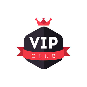 Vip club logo. Exclusive membership badge. Vip club icon design with red crown and ribbon. Creative modern member pass. Premium celebrity access card. Prestige symbol. Vector element