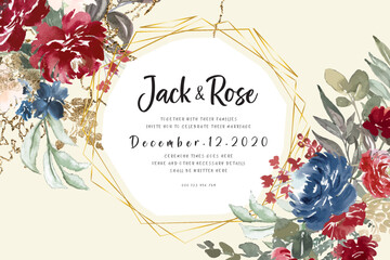 Watercolor invitation Card design with burgundy and red roses, leaves. flower, background with floral elements