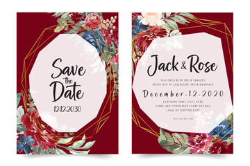 Burgundy greenery Wedding Invitation card With Red Background Template