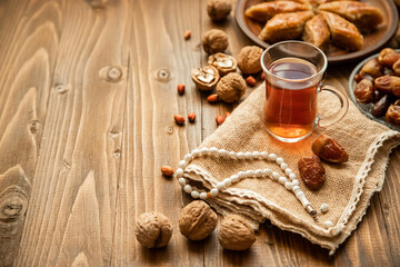 Dates, rosaries and baklava. Ramadan Selective focus