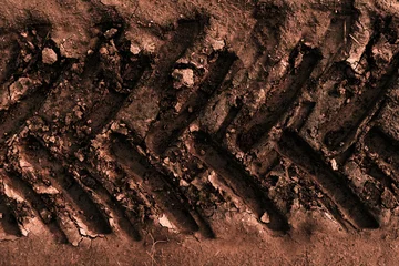  Closeup of a tractor tire track imprint in-country dirt road mud © Stevanovicigor/Wirestock