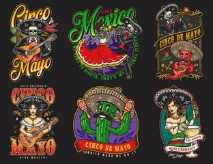 Fototapeta na wymiar Mexican skeleton performers emblems set