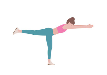 Woman doing exercises. woman in a pink shirt and blue Long legs. 1 step instruction for doing Leg Reach. Fitness and health concepts. Isolated vector illustration in cartoon style.