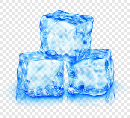 Group of three realistic translucent ice cubes in light blue color, with reflection, isolated on transparent background. Transparency only in vector format