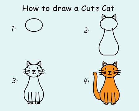 Step By Step To Draw A Cute Cat. Drawing Tutorial A Cute Cat. Drawing Lesson For Children. Vector Illustration