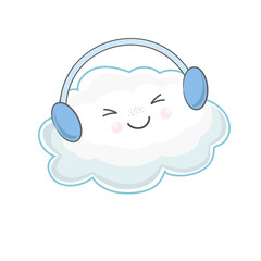 Cute cartoon cloud listening to music with headphones.. Cartoon vector illustration. Kawaii, children's isolated vector illustration.  Cloud illustration.