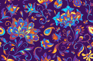 Paisley watercolor floral pattern tile: flowers, flores, tulips, leaves. Oriental indian traditional hand painted water color whimsical seamless print, ceramic design. Abstract india batik background