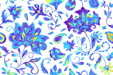 Paisley watercolor floral pattern tile: flowers, flores, tulips, leaves. Oriental indian traditional hand painted water color whimsical seamless print, ceramic design. Abstract india batik background