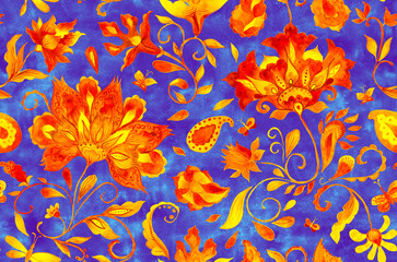 Naklejka na ściany i meble Paisley watercolor floral pattern tile: flowers, flores, tulips, leaves. Oriental indian traditional hand painted water color whimsical seamless print, ceramic design. Abstract india batik background