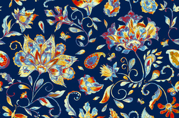 Paisley watercolor floral pattern tile: flowers, flores, tulips, leaves. Oriental indian traditional hand painted water color whimsical seamless print, ceramic design. Abstract india batik background