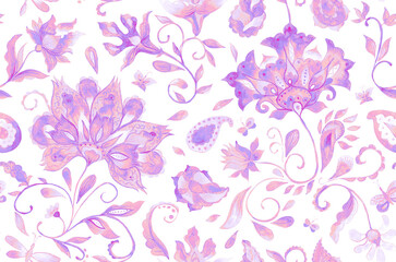 Paisley watercolor floral pattern tile: flowers, flores, tulips, leaves. Oriental indian traditional hand painted water color whimsical seamless print, ceramic design. Abstract india batik background