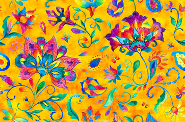 Paisley watercolor floral pattern tile: flowers, flores, tulips, leaves. Oriental indian traditional hand painted water color whimsical seamless print, ceramic design. Abstract india batik background