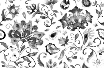 Paisley watercolor floral pattern tile: flowers, flores, tulips, leaves. Oriental indian traditional hand painted water color whimsical seamless print, ceramic design. Abstract india batik background