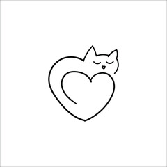 Cat curled up heart, vector illustration, line, sticker 