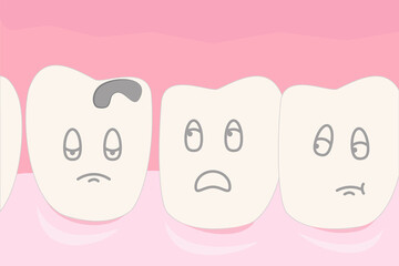 Illustration for pediatric dentistry. Image of teeth with caries on the gum. Teeth with emotions of fear and sadness. Vector graphics for the poster.