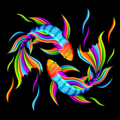 couple of fish swimming together, symbolizing of yin and yang or pisces zodiac. character illustrations with colorful drawing or wpap style. for printing t-shirts, tattoo, mascot, logo, poster.