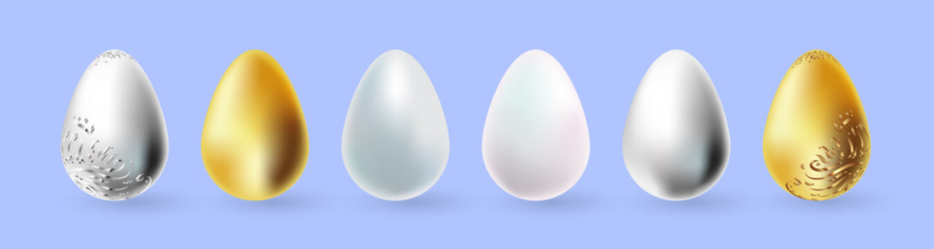 Set of pearl, gold and silver Easter eggs with gold and silver pattern