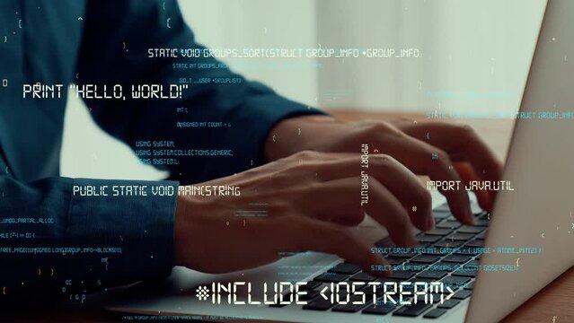 Computer programmer uses capable laptop computer to develop programming code of new software . Computer specialist working on future coding application for software programming development .