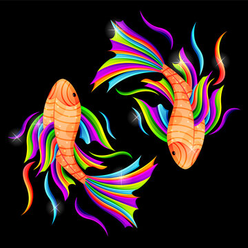 couple of fish swimming together, symbolizing of yin and yang or pisces zodiac. character illustrations with colorful drawing or wpap style. for printing t-shirts, tattoo, mascot, logo, poster.