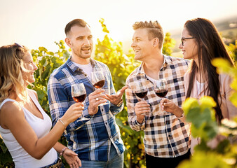 Young friends having fun outdoors - Happy people enjoying harvest time together at farmhouse winery countryside - Youth and friendship concept - Tasting red wine at vineyard before sunset