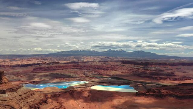 Aerial View Of Potash Mine And Evaporation Ponds In Desert Of Moab, Utah, USA - drone shot