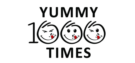 Cartoon, comic yummy, delicious or tasty. smile and tongue or lick. Happy world smile day, big smiling. Fun comic thoughts emotion symbol. Vector laugh sign. licking lips icon or pictogram