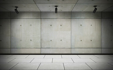 industrial concrete wall studio background with spot lights and tile floor 3d render illustration