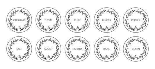Spices labels. Round black and white labels or stickers with floral frame. Vector set