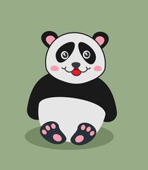 Cute and young panda sitting with a smile on a green background