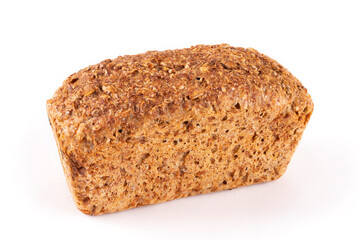 A loaf of square healthy bread made of wheat and rye wholegrain flour with the addition of sprouted grain on a white isolated background. Proper nutrition. Sourdough bread, without yeast.
