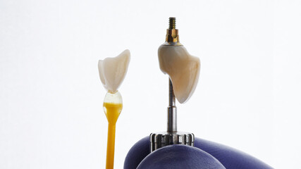 ceramic crown with a prosthetic on an orthopedic screwdriver and a ceramic tab on a white background