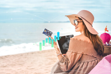 Woman use credit card  at the beach in holidays with digital stock graph.