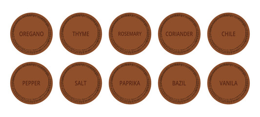 Cardboard labels for spices. Round food labels or stickers. For marking kitchen food containers and jars. Vector set 