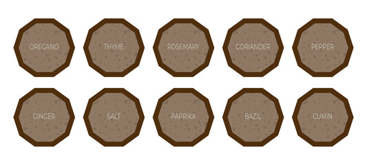Spices labels. Vintage geometric labels or stickers with texture. For marking food jars, containers