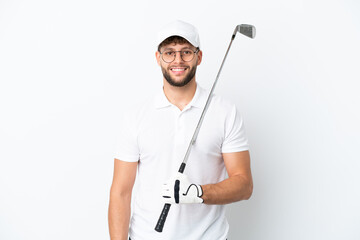 Handsome young man playing golf  isolated on white background posing with arms at hip and smiling